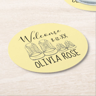 WELCOME New Arrival Baby Shoes Shower Yellow Round Paper Coaster