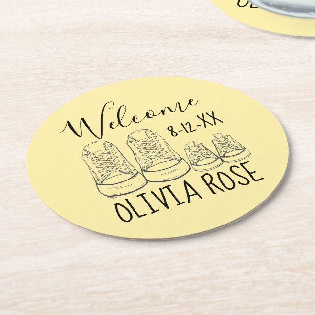 WELCOME New Arrival Baby Shoes Shower Yellow Round Paper Coaster (Angled)