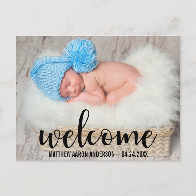 Welcome New Baby Modern Black Script Announcement Postcard (Front)