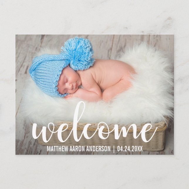 Welcome New Baby Modern White Script Announcement Postcard (Front)