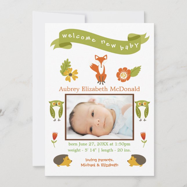 Welcome New Baby Woodland - Birth Announcement (Front)