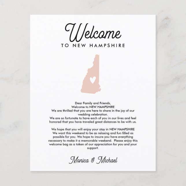 Welcome NEW HAMPSHIRE Letter & Itinerary ANY COLOR (Front)