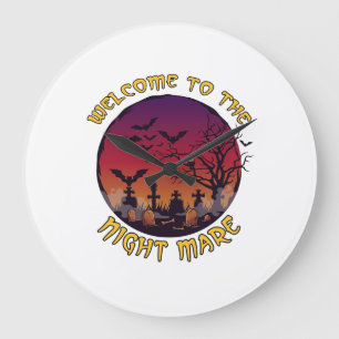 Welcome Night Mare Halloween Red Moon Graveyard_1 Large Clock