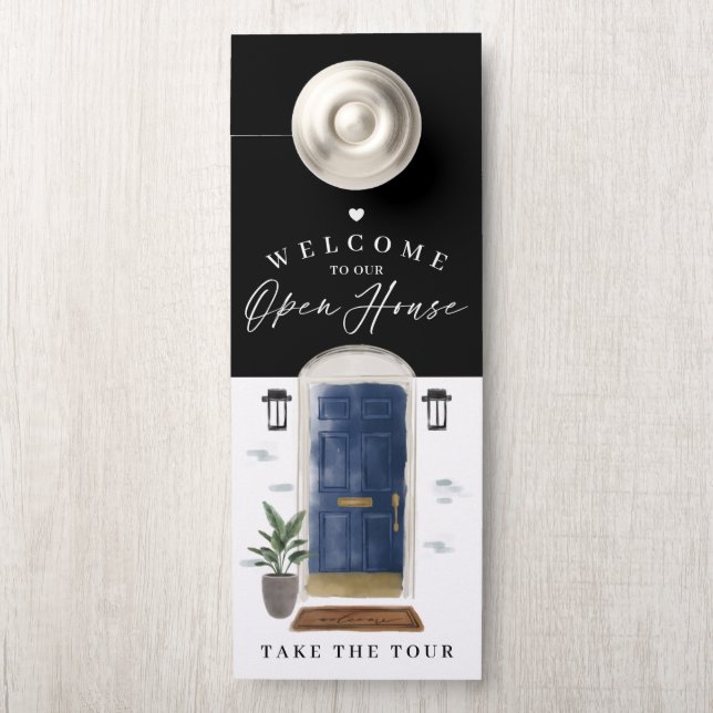 Welcome Open House Navy Watercolor Front Door Hanger (On Knob)