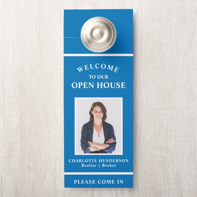 Welcome Open House Real Estate Agent Photo Blue Door Hanger (On Knob)