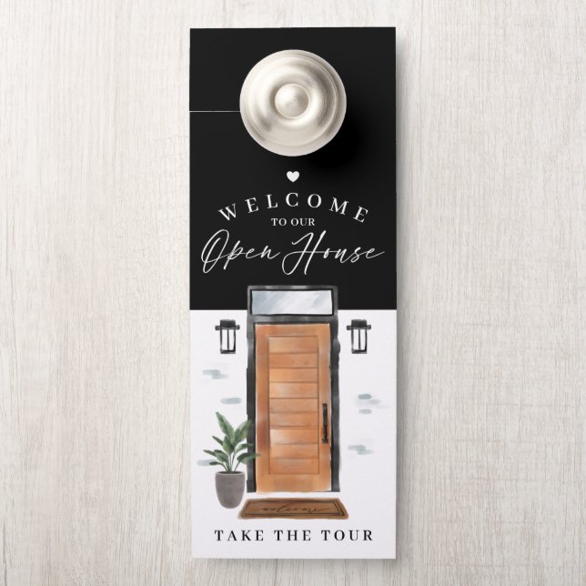 Welcome Open House Wood Watercolor Front Door Hanger (On Knob)