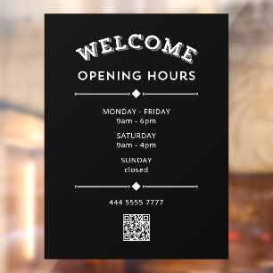 Welcome Opening Hours with QR Code White on Black
