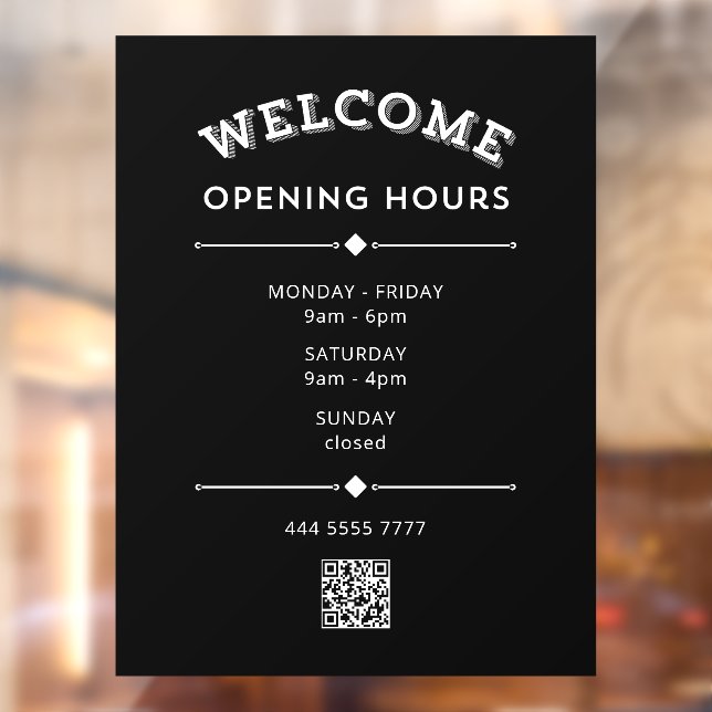 Welcome Opening Hours with QR Code White on Black  (Sheet 2)