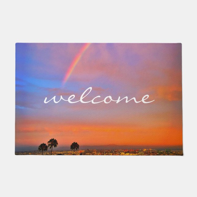 Welcome Orange Blue Sunset Rainbow Photo Modern Doormat (Front)