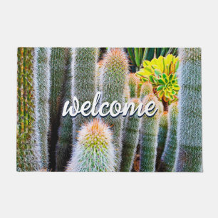 "Welcome" Orange Green Fuzzy Cacti Close-up Photo Doormat