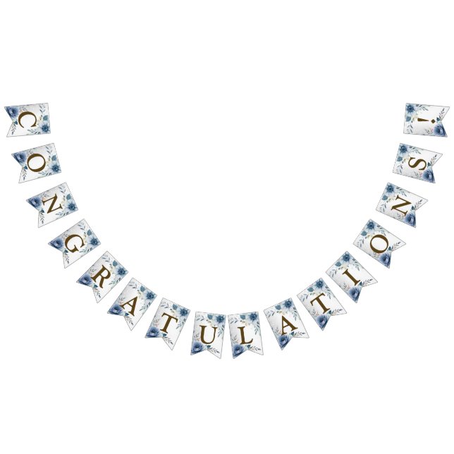 Welcome Party Dusty Blue Watercolor Flowers Silver Bunting (All)