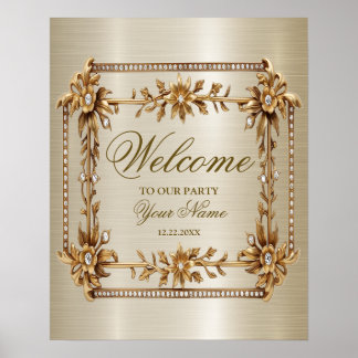 Welcome Party Golden Ornate Rectangle Dimond Poster