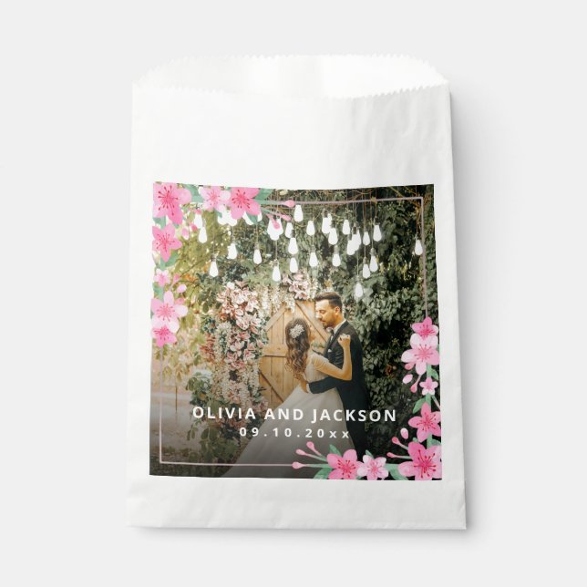 Welcome Party Pink Floral Golden Frame wedding Favour Bag (Front)