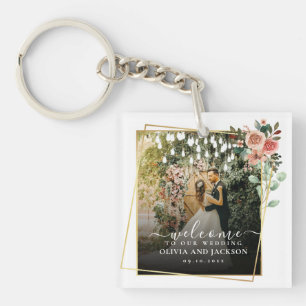 Welcome Party Pink Floral Golden Frame wedding Key Ring