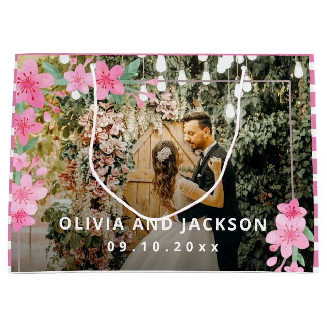 Welcome Party Pink Floral Golden Frame wedding  Large Gift Bag (Front)