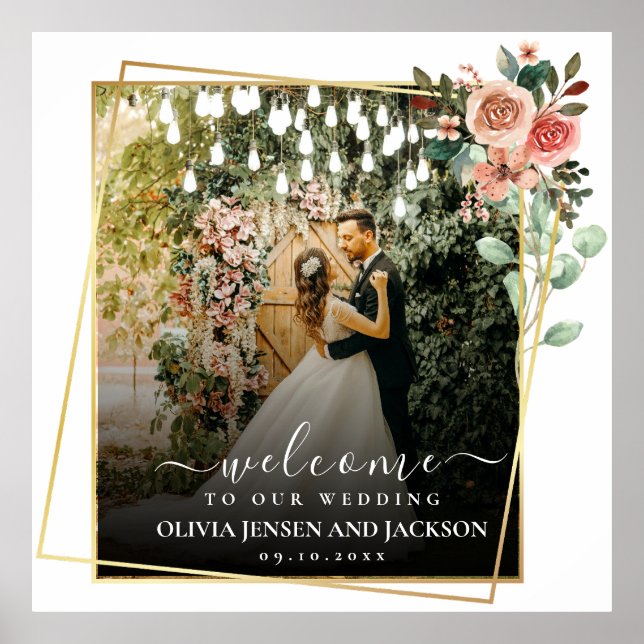Welcome Party Pink Floral Golden Frame wedding Poster (Front)
