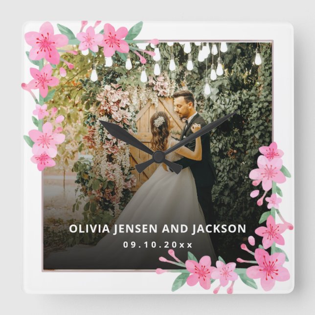 Welcome Party Pink Floral Golden Frame wedding Square Wall Clock (Front)