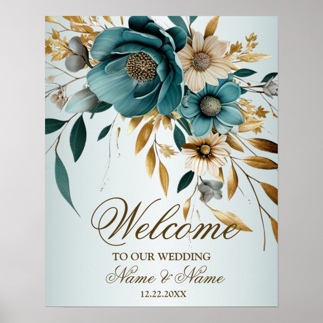 Welcome Party Turquoise White Flower Golden Leaves Poster (Front)
