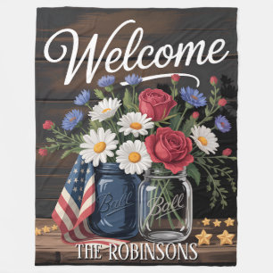 Welcome Patriotic Mason Jar USA Flag & Rustic Fleece Blanket