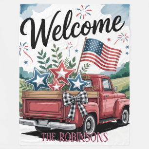 Welcome Patriotic Truck with American Flag & Stars Fleece Blanket
