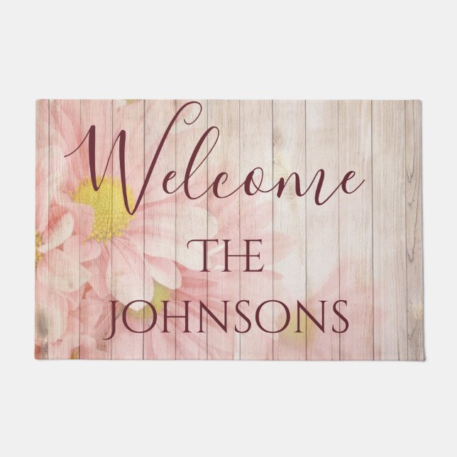 Welcome Personalise Pink Chic Flowers Doormat (Front)