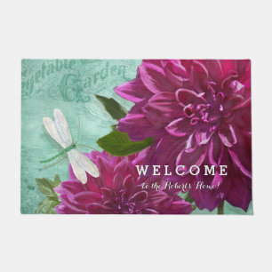 Welcome Personalised Dragonfly w Purple Dahlia Art Doormat