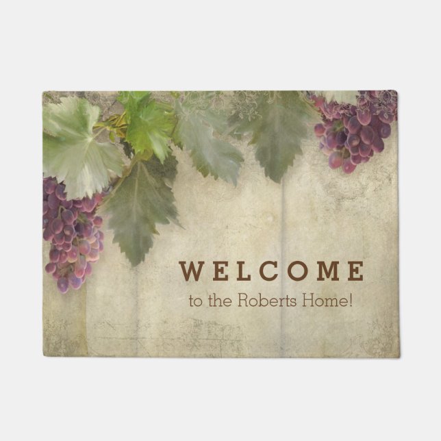 Welcome Personalised Elegant Rustic Vineyard Wine Doormat (Front)