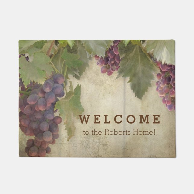 Welcome Personalised Elegant Rustic Vineyard Wine Doormat (Front)