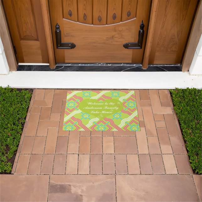 Welcome Personalised Pink Green and Blue Pattern Doormat (Outdoor)