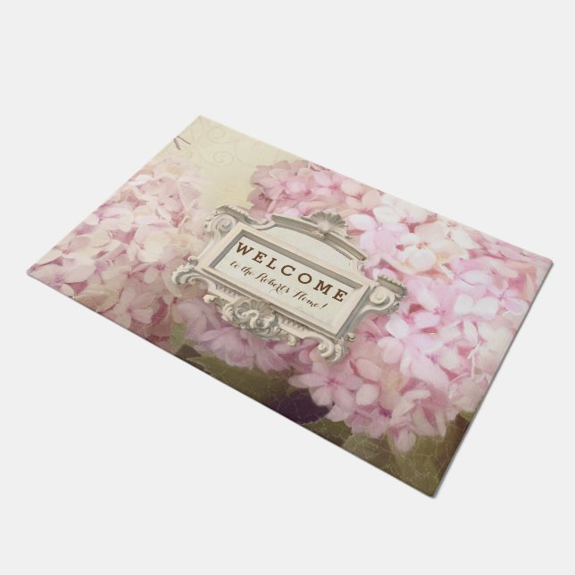 Welcome Personalised Vintage Style Pink Hydrangea Doormat (Angled)