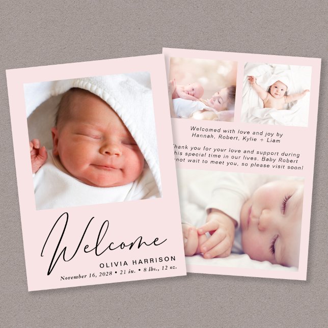 Welcome Photo Collage Baby Girl Pink Birth Announcement (Creator Uploaded)