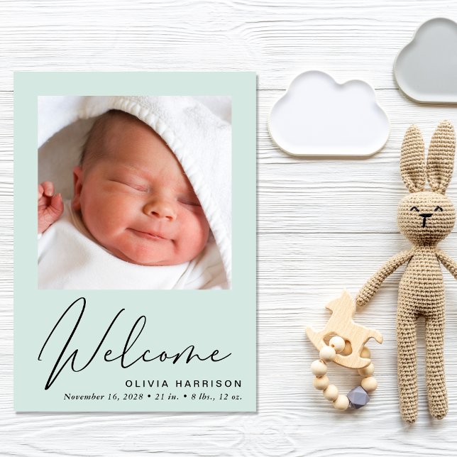 Welcome Photo Collage Mint Green Birth Announcement (A heartfelt and personalized way to introduce your bundle of joy to the world)