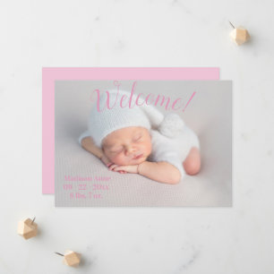Welcome Photo Script Baby Girl Pink Birth Announcement