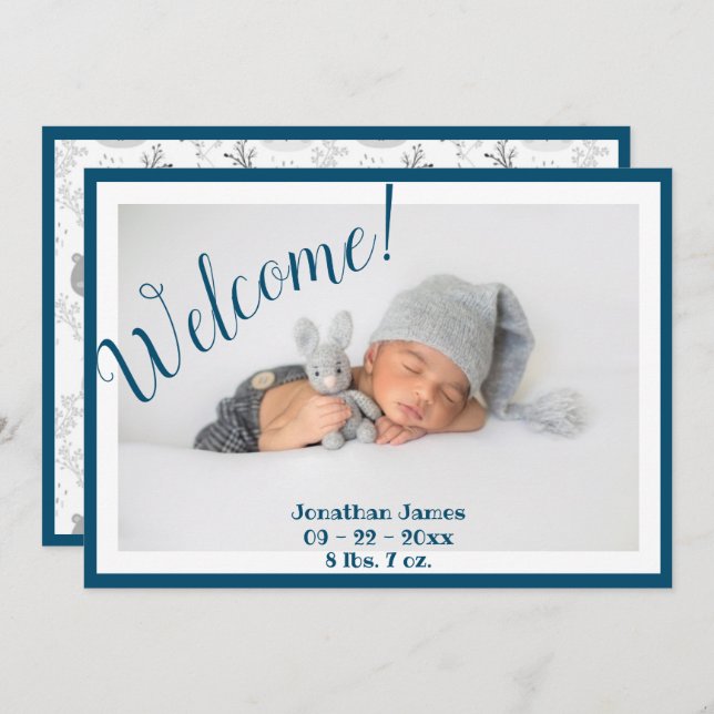 Welcome Photo Script Blue Stats Birth Announcement (Front/Back)