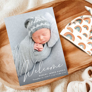 Welcome Photo White Script Birth Announcement