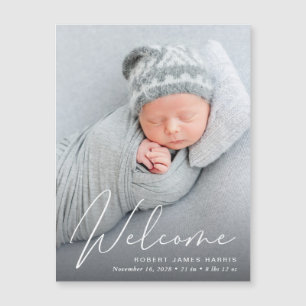 Welcome Photo White Script Birth Announcement