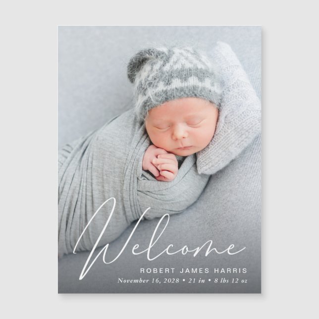 Welcome Photo White Script Birth Announcement (Front)