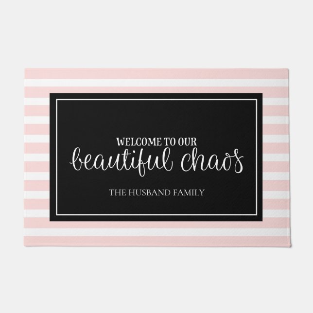 Welcome Pink and White Personalised Family Name  Doormat (Front)