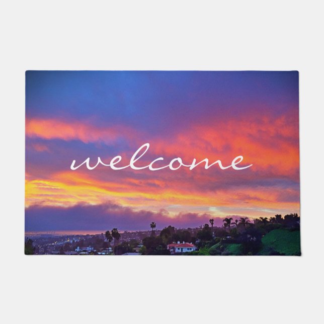 Welcome Pink Blue Yellow Sunset Coastal Photo  Doormat (Front)