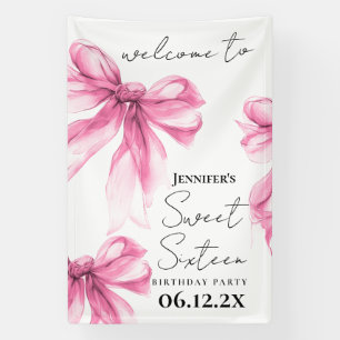 Welcome Pink Bow Coquette Script Sweet 16 Party Banner