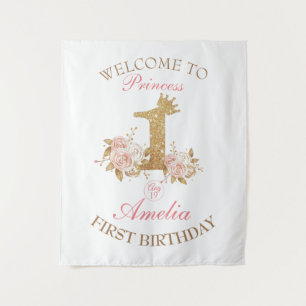 Welcome Pink Gold Crown Princess 1st Birthday  Tapestry