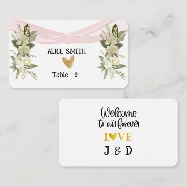 Welcome Pink Ribbon and White Rose Place Card (Front/Back)