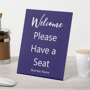 Welcome Please Have a Seat Business Name Dark Blue Pedestal Sign