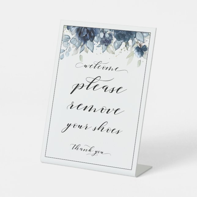 Welcome Please Remove Your Shoes Blue Peony Sign (Front)