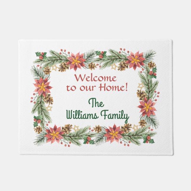 Welcome Poinsettia and Pine Boughs Winter Doormat (Front)
