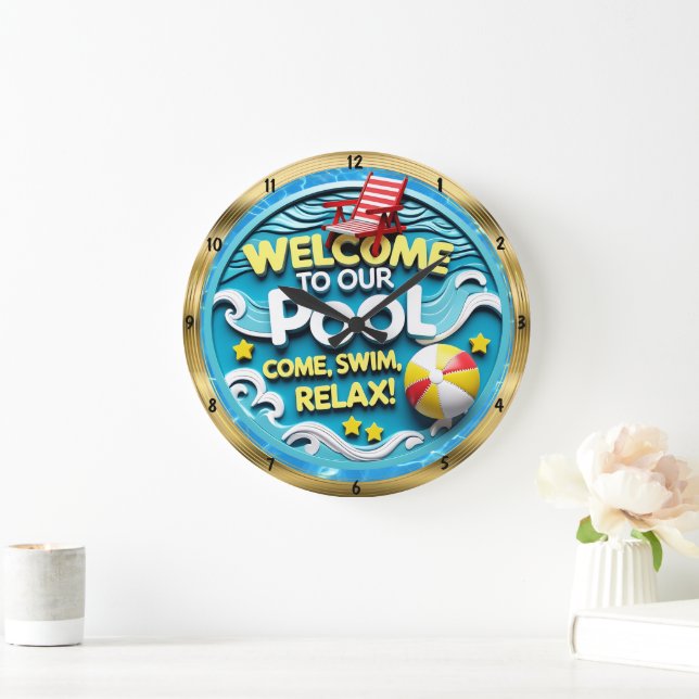 Welcome Pool Fun Summer Relax Large Clock (Home)