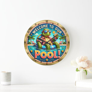 Welcome Pool Turtle Party Large Clock