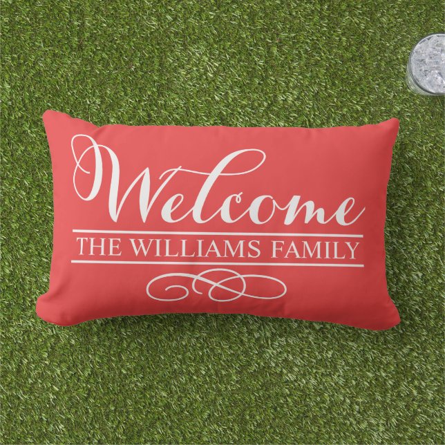 Welcome Poppy Red Custom Last Name Outdoor Cushion (Grass)