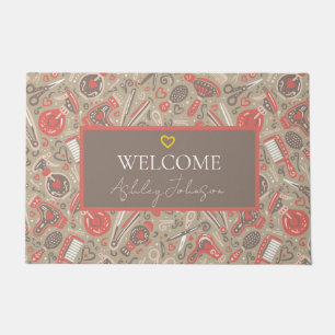 Welcome — Portuguese folk Hair Salon Taupe & Coral Doormat