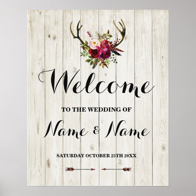 Welcome Poster Antler Sign Wedding Floral Poster (Front)